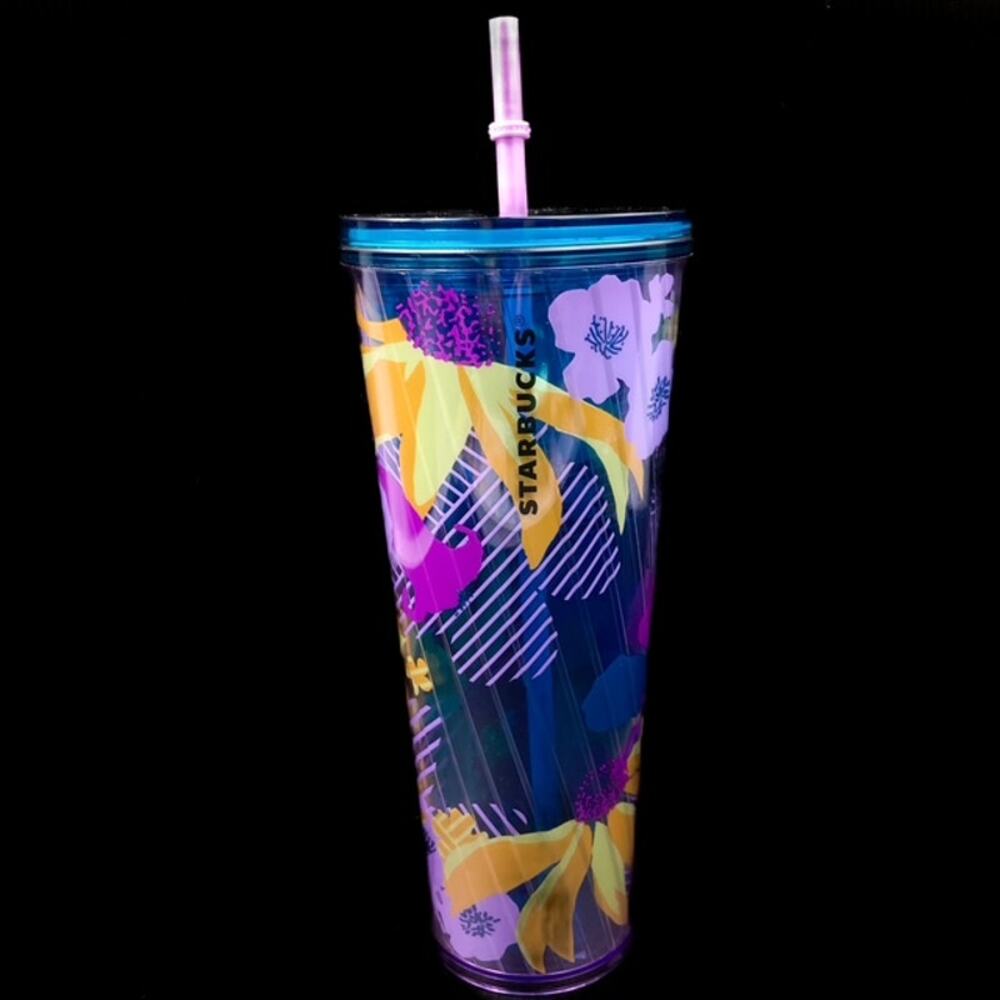 Starbucks Venti Purple Floral Wave Tumbler with Straw Double Wall Screw on Lid